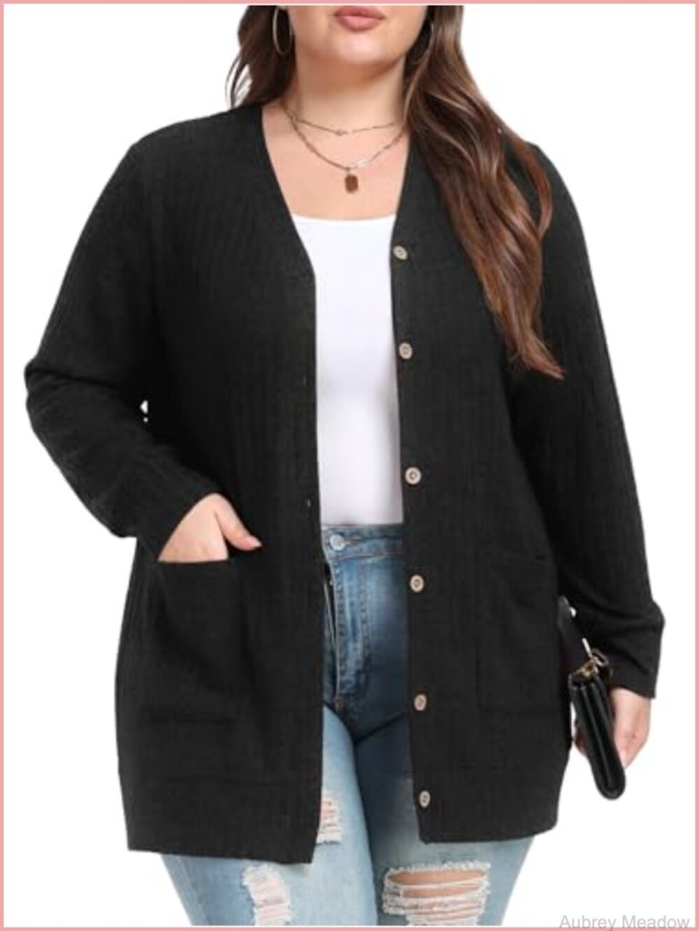 Plus Size Ribbed Cardigan Women Long V-Neck Button Down Sweater with Pockets